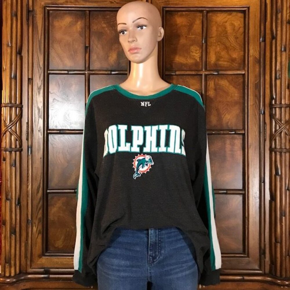 NFL Team Apparel Miami Dolphins Gray Stripe Sleeve Embroidered Cotton Blend Top